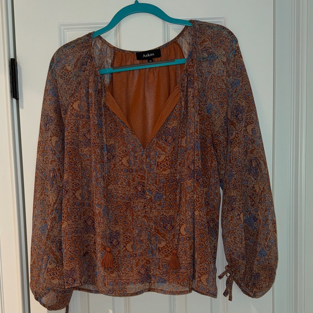 Aakaa Rust Paisley Tie-Front Peasant Blouse with Blue Accents